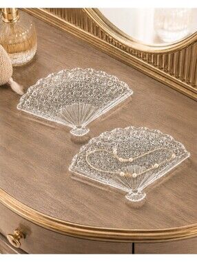 Fenton 1950s 2 Fan Trinket Vanity  Dishes EAPG Daisy & Button Clear, 10.5x7"